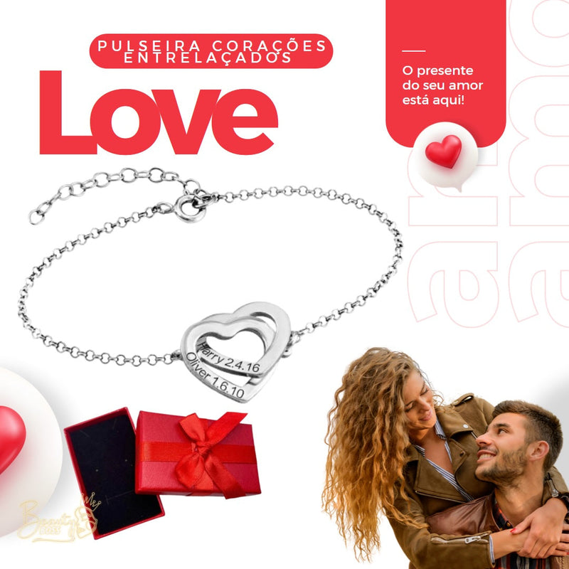 Pulseira Corações Entrelaçados Personalizável - Gravação a Laser | Oferta Especial Dia Dos Namorados! ♥